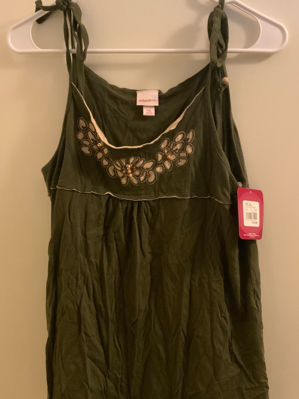 Xhilaration Plus Size Olive Green Embroidered Tie-Shoulder Camisole